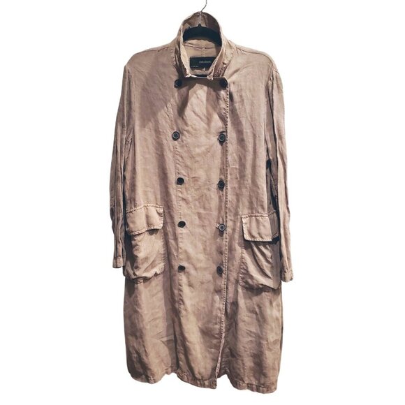 ZARA Euro Limited Edition Taupe Khaki Double Breasted Linen Trench Coat L - Picture 2 of 14